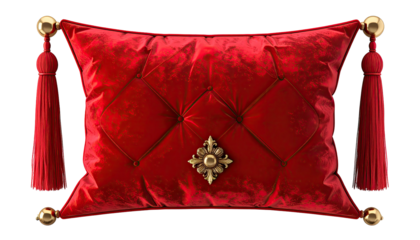 Sumptuous red velvet pillow with gold accents, tassels, and ornate details