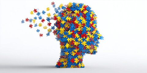 Colorful Puzzle Piece Head Sculpture Representing Autism Awareness and Neurodiversity in Modern Imagery