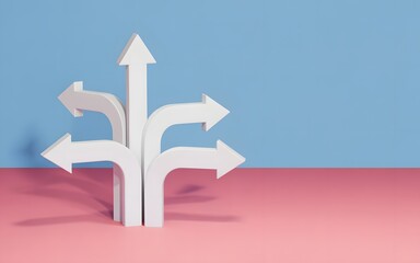 Multiple white arrows pointing different directions on pink and blue background