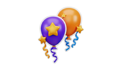 3D Celebration Balloons with Stars and Ribbons on transparent background