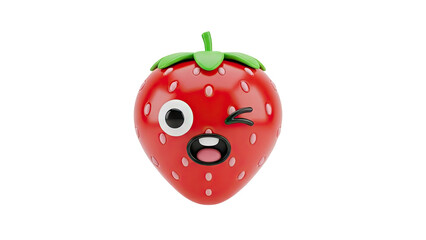 3D Cute Strawberry Character Winking with Open Mouth on transparent background
