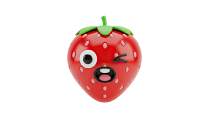 3D Cute Strawberry Character Winking with Open Mouth on transparent background