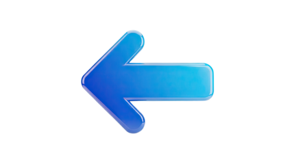 3D Glossy blue arrow pointing left on transparent background