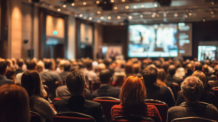 Audience View From Behind in a Large Conference Hall During a Presentation Event