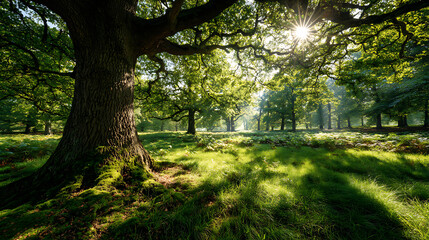 Majestic Oak Tree in Sunlit Forest Clearing Keywords: ancient tree, oak tree, forest, sunlight