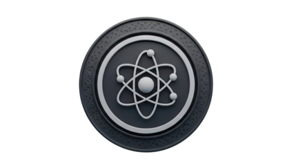 3D Atom symbol emblem with abstract design on transparent background