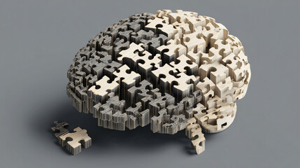 Brain Shaped Puzzle Made of Interlocking Pieces Showcasing Dark and Light Segments Concept Metaphor
