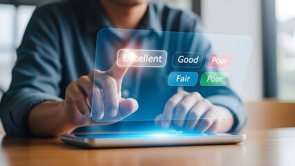 Man interacting with futuristic virtual interface on tablet