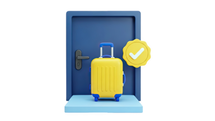 3D Luggage by open door with checkmark icon on transparent background