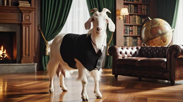 Smooth dolly shot gliding around a well-dressed goat wearing a full black vest, white shirt, and black tie ensemble standing confidently in a stylized interior setting luxury, metaphor, high quality