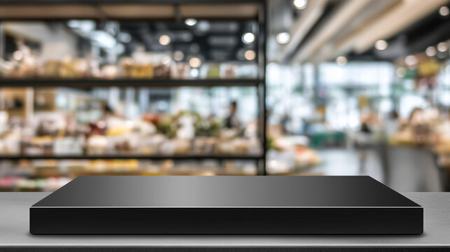 Empty Black Stainless Steel Table Top With Blurred Store Display In A Modern Market