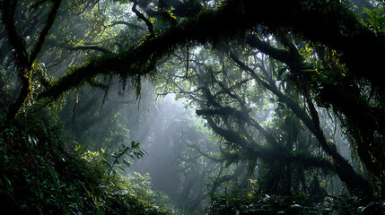 Misty Rainforest Canopy With Sunbeams jungle trees