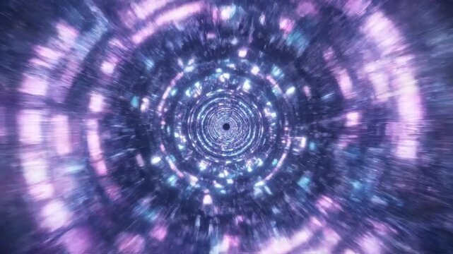 Abstract tunnel of swirling, blurred light with hues of blue, purple, and white, spiraling toward a central void