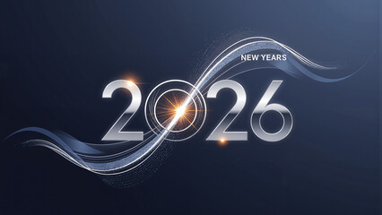 Happy New Year 2026 silver metallic numbers with abstract wave lines on dark blue background