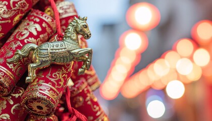 Fototapeta premium Firecracker decorations stacked with horse zodiac charm tied with red string