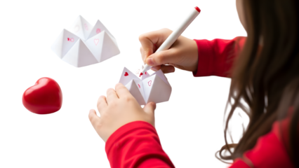 Womans hands drawing on a white origami heart with a pencil on transparent background