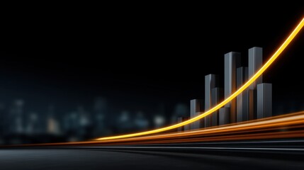 Abstract representation of data growth with glowing line and bar graphs in a dark cityscape, symbolizing progress and innovation in technology and business