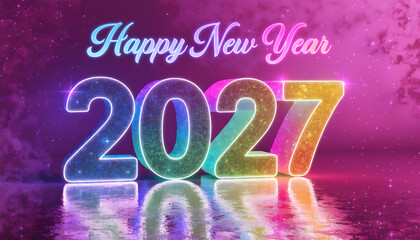 Vibrant Neon 2027 Numbers with "Happy New Year" Text on a Sparkling Cosmic Pink Background with Reflections