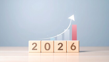 Wooden blocks prominently display "2026" in the foreground, with a dynamic rising bar chart and an upward arrow symbolizing financial growth and business success.