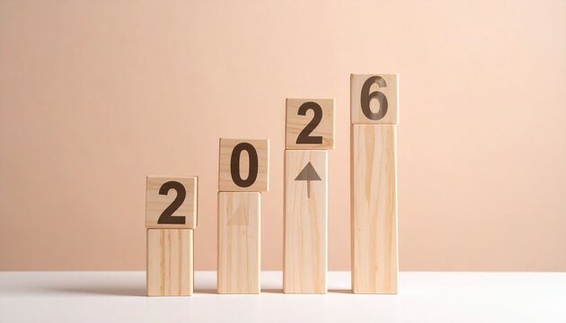 A sequence of wooden blocks with numbers 2, 0, 2, 6 and an upward arrow forms a growing bar chart on a light beige background.