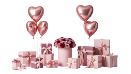 Pink gifts and heart balloons on transparent background for valentines day