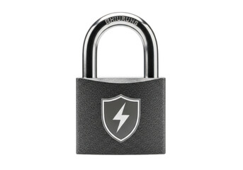 A gray padlock with a shield and lightning bolt logo on transparent background