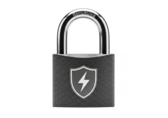 A gray padlock with a shield and lightning bolt logo on transparent background