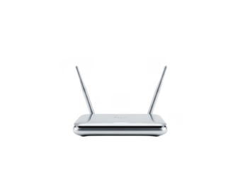 A sleek white WiFi router with two antennas on a transparent background