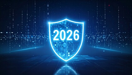 A vibrant blue neon shield with the year 2026 glows powerfully on a dark, digitally textured background, representing robust cybersecurity.