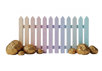 A colorful pastel picket fence with gold nuggets on transparent background