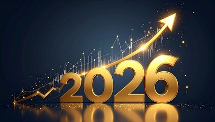 Golden numbers 2026 are highlighted by an ascending glowing arrow, surrounded by dynamic data points and connecting lines, signifying exponential growth and progress.