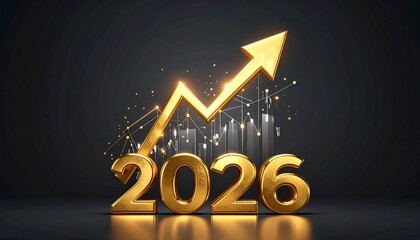 The prominent gold numerals of 2026 are set against an upward-trending zigzag arrow, complemented by a subtle bar chart showing consistent business growth.