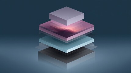 Abstract layers of transparent shapes with gradient colors reflecting a serene sunset over a calm ocean surface, creating a modern aesthetic visual experience.