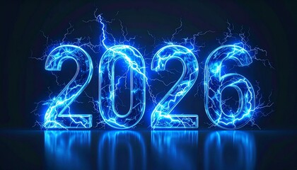 The year 2026 is vividly depicted with bright blue glowing numbers, surrounded by intense electric lightning on a dark, reflective surface, symbolizing energy and innovation.