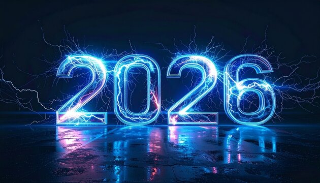 Electric blue numbers display 2026, radiating intense energy and light, surrounded by crackling lightning bolts on a dark, reflective surface, symbolizing powerful change. - Powered by Adobe