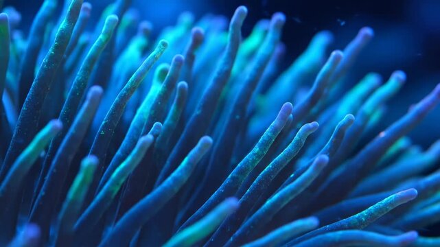 A vibrant macro shot of a tropical coral reef underwater captures colorful anemone tentacles and exotic fish in an abstract display of nature resembling red and orange fireworks in the blue ocean