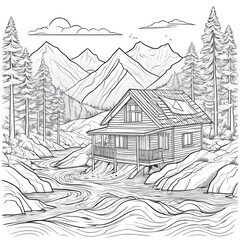 Naklejka premium Coloring page line art of a wooden cabin house in the mountains