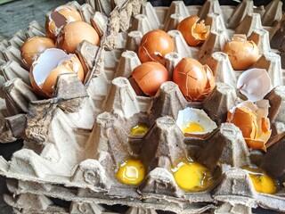 Broken eggs with shells were