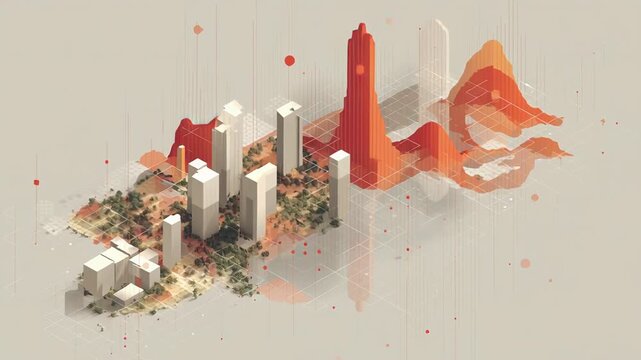 A cityscape with a mountain range in the background.Property market landscape analysis, abstract city blocks paired with soft data visualization, clean institutional design overview