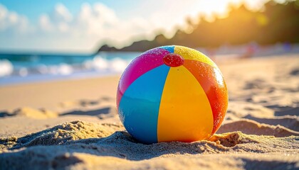 Vibrant Colorful Beachball on Beach Sand for Summer Vacation and Holiday Advertising