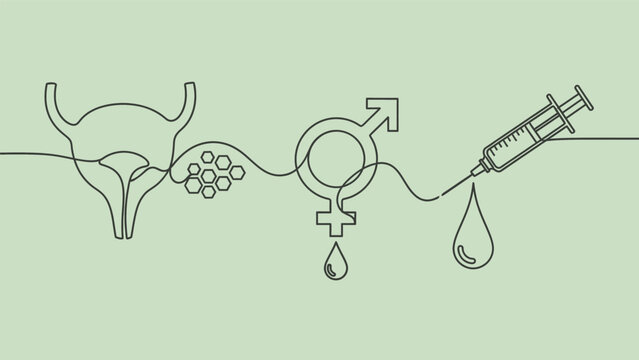 Continuous line illustration of reproductive health, fertility treatment, and gender symbols