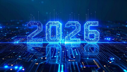 The year 2026 is prominently displayed as glowing blue digital numbers on a futuristic circuit board background, symbolizing technological advancement and future innovation.