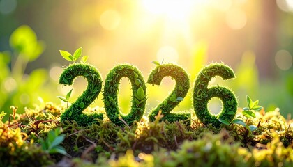Lush green numbers forming "2026" emerge from verdant moss and small plants, bathed in warm, soft sunlight, symbolizing sustainable growth and a healthy ecological future.