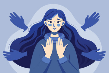 Feeling overwhelmed? Woman surrounded by hands illustrates anxiety, stress, and emotional pressure that resonates with viewers searching for mental health support