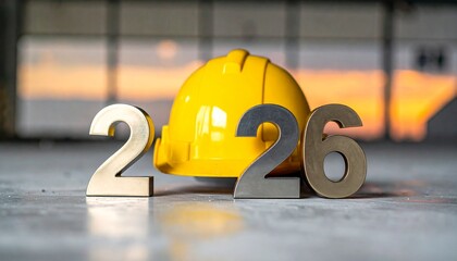 A bright yellow hard hat is prominently placed behind the numbers '2_26', suggesting future progress and safety within the industrial and construction sectors.