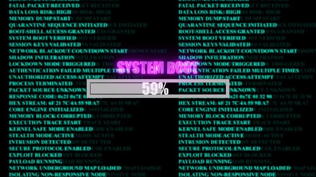 SYSTEM BOOT glowing progress bar shows 100% percent of ransomware active on a background of computer code programming, shows percent of malware deployed on a background of computer code programming.
