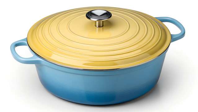 Yellow and Blue Enameled Cast Iron Oven with Lid &ndash; Heavy-Duty Round Cooking Pot