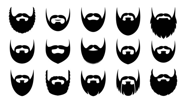 Collection of beard and mustache silhouettes in various styles. Fifteen unique facial hair set