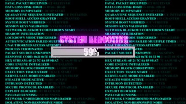SYSTEM REBOOTING glowing progress bar shows 100% percent of ransomware active on a background of computer code programming, shows percent of malware deployed on a of computer code programming.