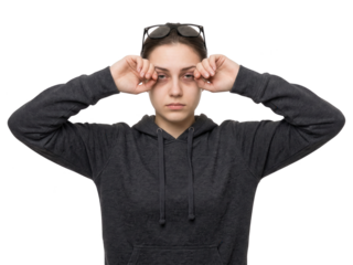Tired Young Woman Rubbing Eyes, Suffering from Fatigue and Exhaustion on White Background